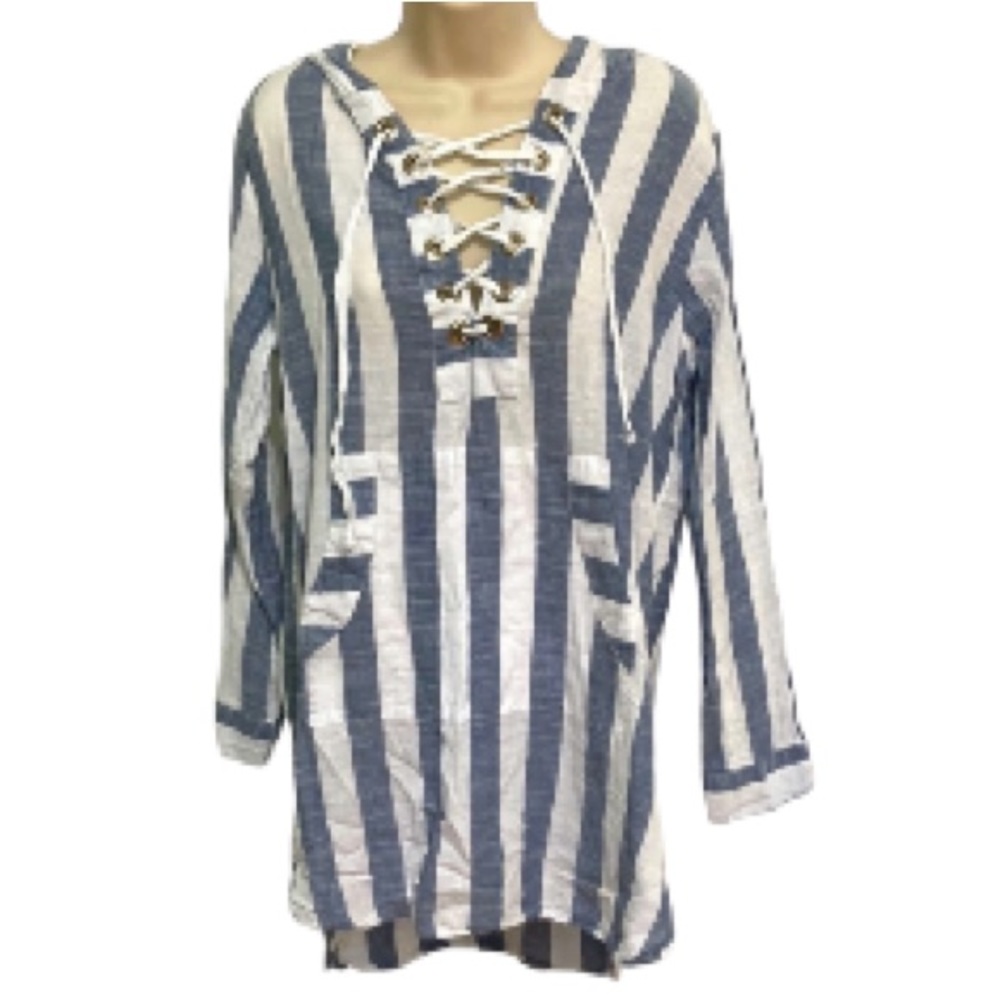 BLUE ISLAND Beach Swim Coverup Tunic Nautical Stripe Lace Up Hoodie Medium